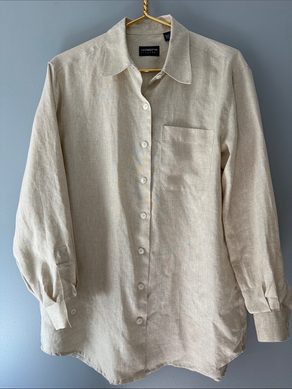 vinyagLiz Claiborne LizSport Linen Button Collar Long Sleeve Shirt Relaxed Mediu